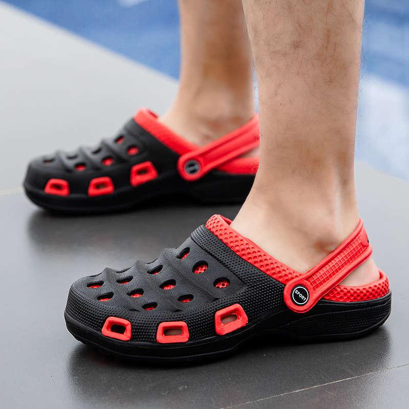 Stevvex sport men's slippers, black with red adjustable strap, perforated upper slip-on on Tampa Home & Garden Store