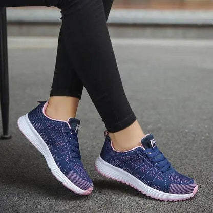 Stevvex Sport Woman Tenis Sneakers navy knit upper with pink trim and white sole on Tampa Home & Garden Store