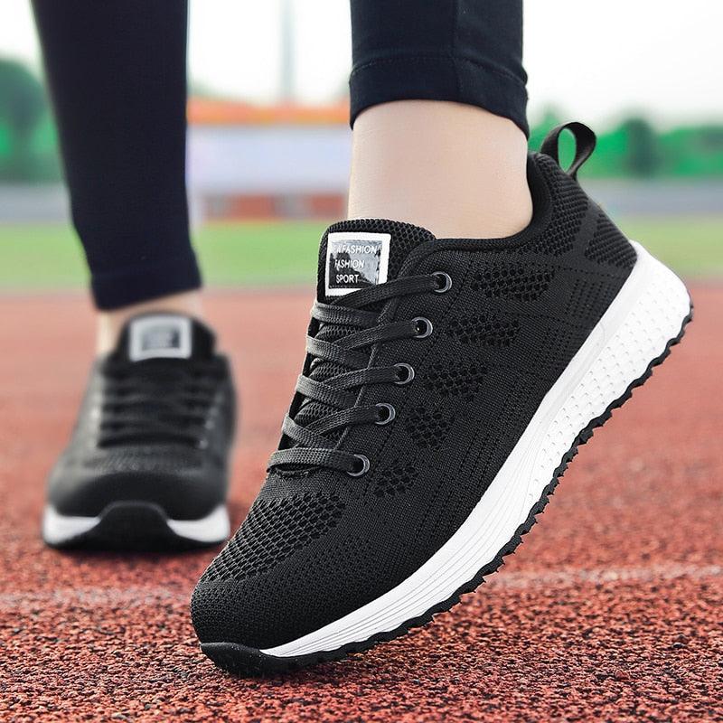 Stevvex women's sport sneakers black breathable mesh upper lace-up walking shoes with white sole on Tampa Home & Garden Store