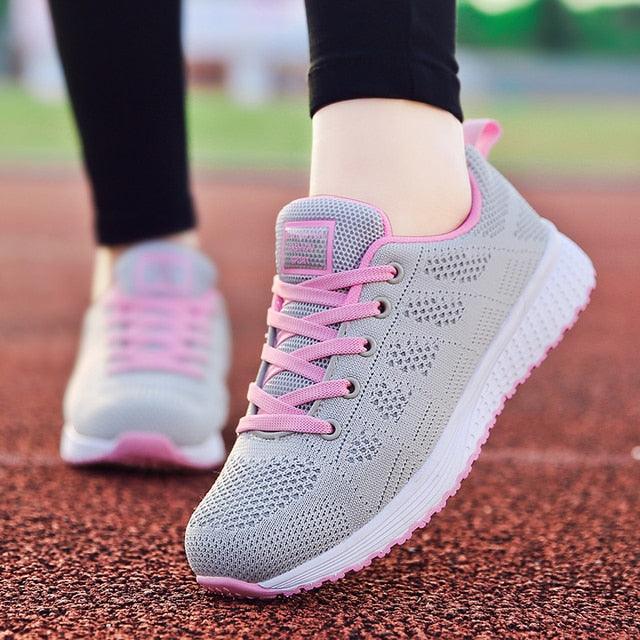 Stevvex womens sneakers breathable gray mesh pink laces lightweight walking shoes two sneakers on Tampa Home & Garden Store