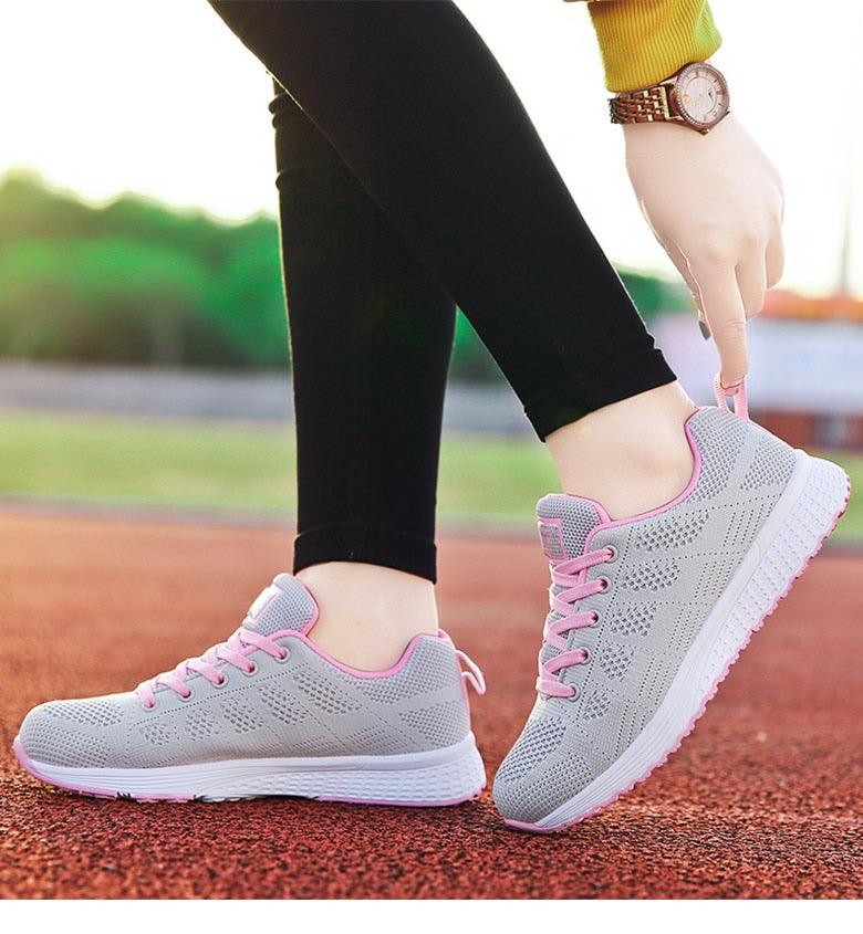 Stevvex sport women casual sneakers gray mesh pink accents white sole lightweight walking shoes on Tampa Home & Garden Store