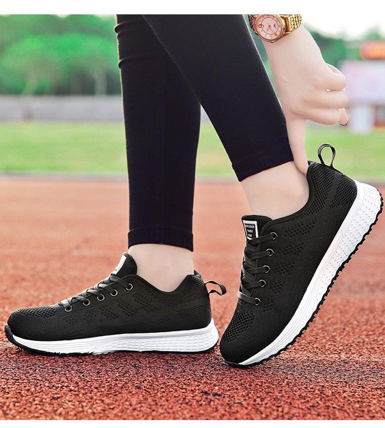 Sport Women breathable mesh sneakers black with white sole Stevvex lace-up walking shoes on Tampa Home & Garden Store