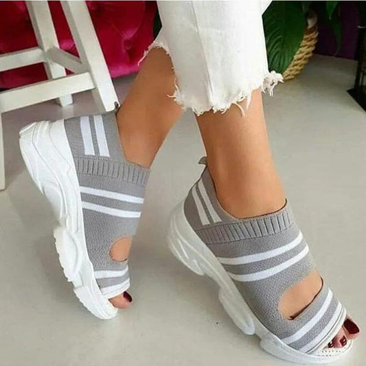 Stevvex women's knitted platform sandals pair, gray slip-on peep-toe with white chunky sole on Tampa Home & Garden Store