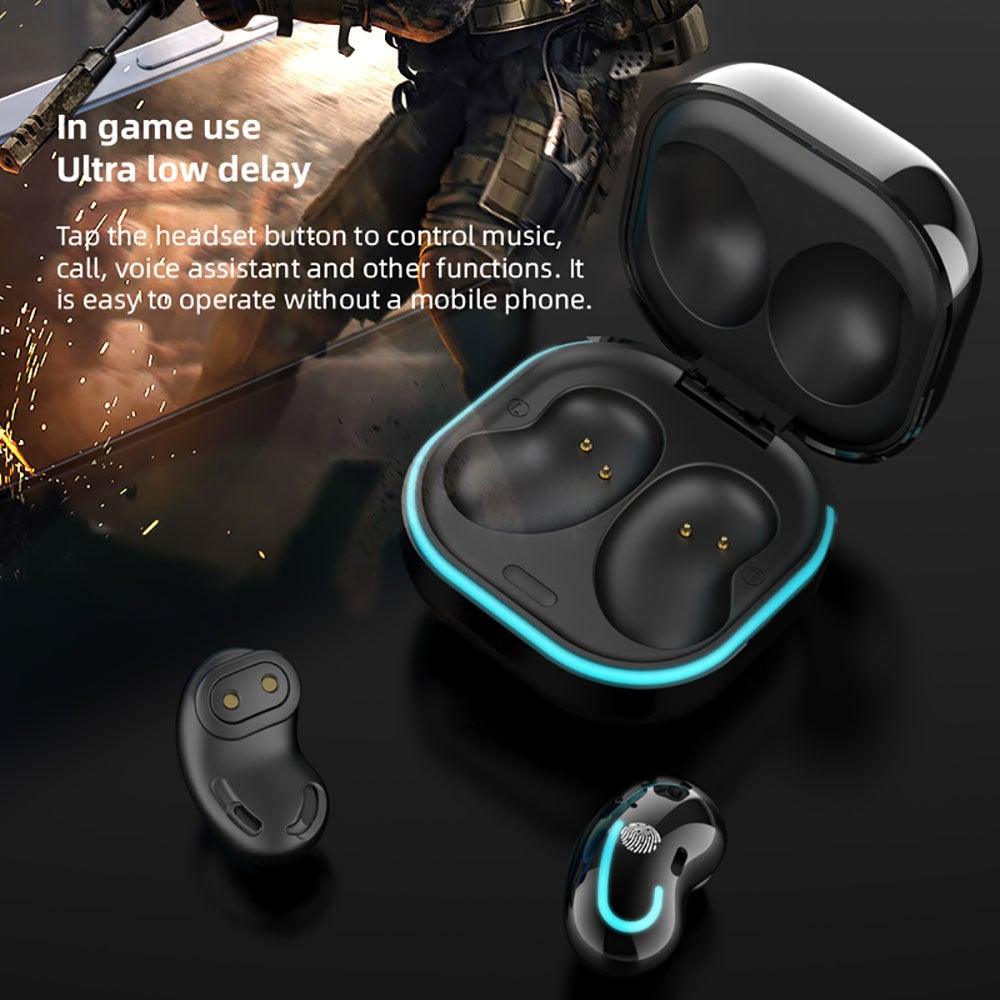 Stevvex ST10SM3E6TFDN two black in-ear wireless headphones with charging case, blue LED on Tampa Home & Garden Store