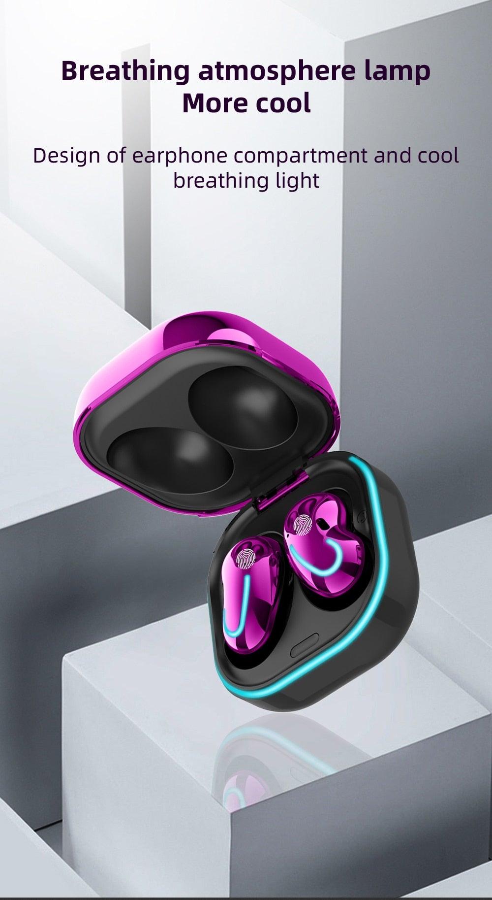 Stevvex in-ear wireless headphones with pink magenta case and teal LED accents on Tampa Home & Garden Store