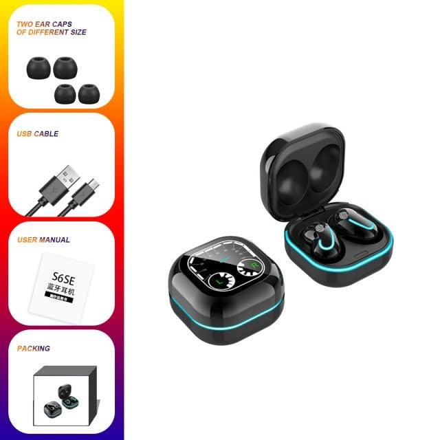 Stevvex black wireless in-ear headphones with two earbuds in charging case and blue LED accents on Tampa Home & Garden Store