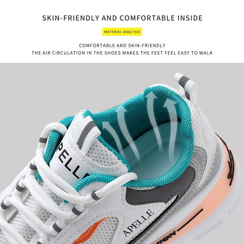 Stevvex women's running shoes white mesh teal lining breathable platform peach accents on Tampa Home & Garden Store