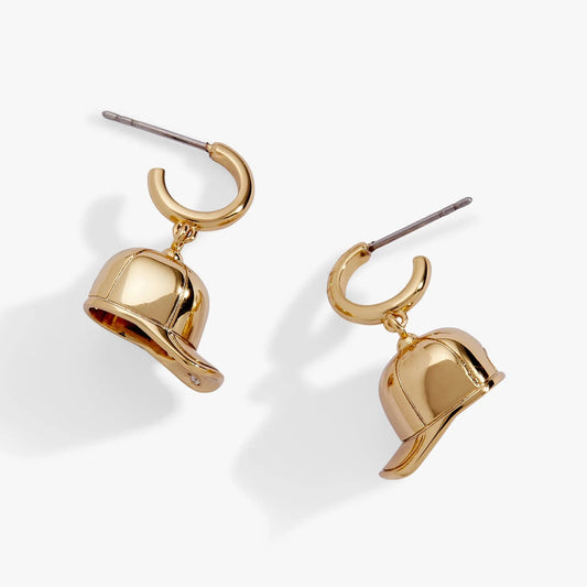 Baseball Cap Huggie Drop Earrings by Alex and Ani, gold-tone hoops with cap charms, pair on Tampa Home & Garden Store