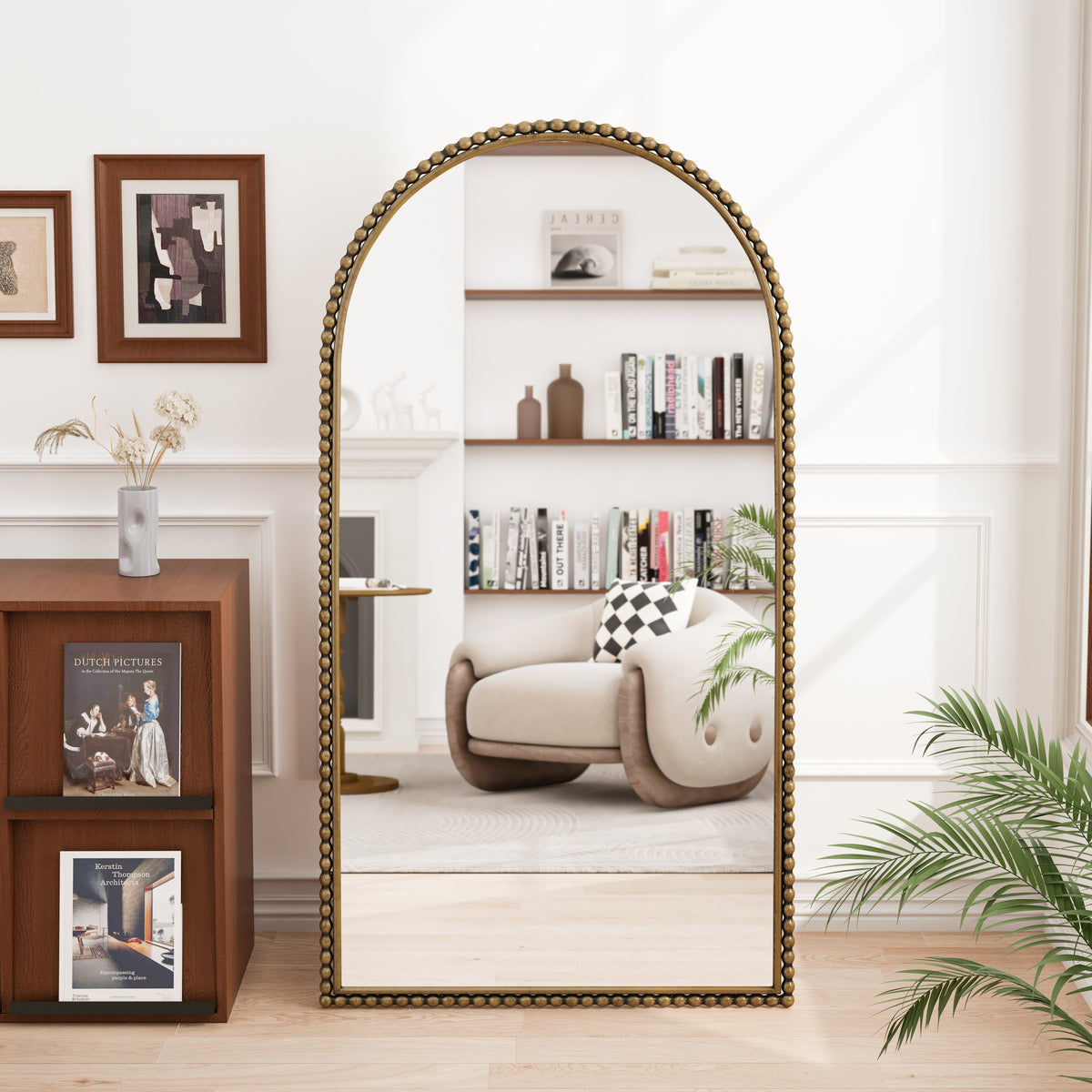 Gold iron arch full-length mirror with beaded frame and supporting feet HouseOfZazla on Tampa Home & Garden Store