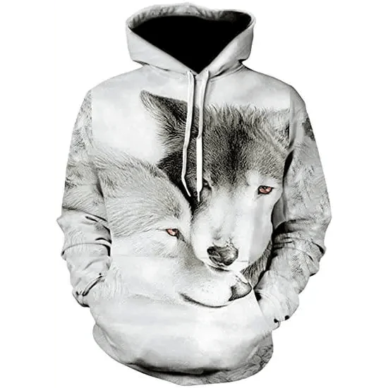 White gray wolf print hoodie with front pocket and drawstrings on Tampa Home & Garden Store
