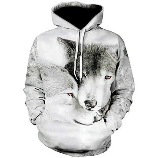 White gray wolf print hoodie with front pocket and drawstrings on Tampa Home & Garden Store