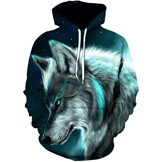 Unisex hoodie with bold 3D wolf print in teal and gray, drawstring hood, casual streetwear on Tampa Home & Garden Store