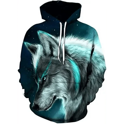 Unisex hoodie with bold 3D wolf print in teal and gray, drawstring hood, casual streetwear on Tampa Home & Garden Store