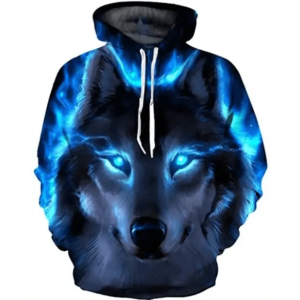 Stevvex hoodie ST12HF998ERF wolf neon blue 3D face, drawstring hood unisex adults on Tampa Home & Garden Store