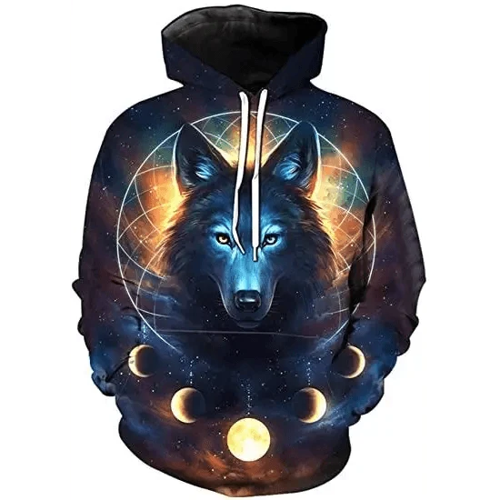 Stevvex hoodie wolf celestial 3D print with moon phases, space design, hooded with pockets on Tampa Home & Garden Store
