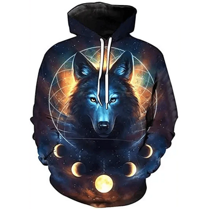 Stevvex hoodie wolf celestial 3D print with moon phases, space design, hooded with pockets on Tampa Home & Garden Store