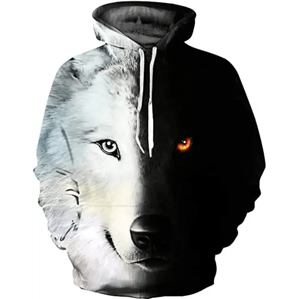 Stevvex wolf-face hoodie, dual-tone white left and black right with hood pockets on Tampa Home & Garden Store