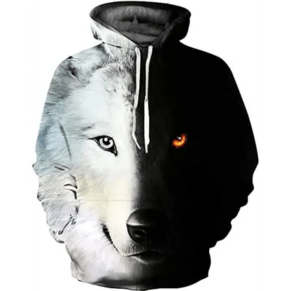 Stevvex wolf-face hoodie, dual-tone white left and black right with hood pockets on Tampa Home & Garden Store