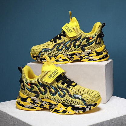 Stevvex kids' breathable mesh sneakers, two bright yellow shoes with flame sides and camo sole on Tampa Home & Garden Store