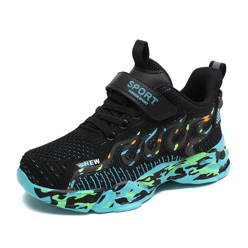 Stevvex kids' breathable mesh sneakers black with neon camo sole for outdoor sports on Tampa Home & Garden Store