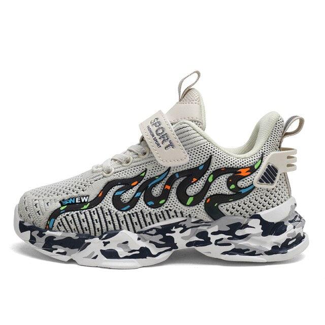 Kids breathable mesh sneakers by Stevvex in light grey with strap, side accents and camo sole on Tampa Home & Garden Store