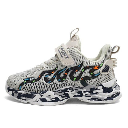 Kids breathable mesh sneakers by Stevvex in light grey with strap, side accents and camo sole on Tampa Home & Garden Store