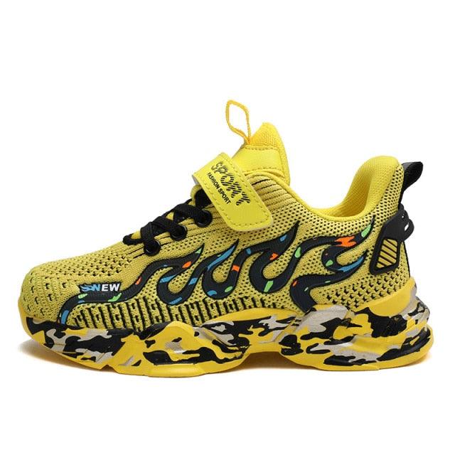 Stevvex kids' yellow breathable mesh sneakers with blue flame pattern and chunky camo sole on Tampa Home & Garden Store