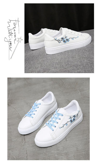 Stevvex white leather platform sneakers with blue floral embroidery, two lace-color variants on Tampa Home & Garden Store