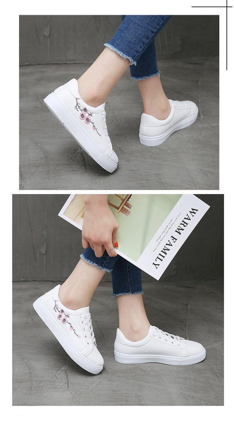 Stevvex white PU leather platform sneakers with floral embroidery, lace-up casual women's shoes on Tampa Home & Garden Store