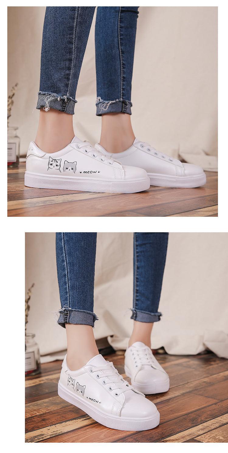 Stevvex women's white PU leather platform sneakers with cat graphic, lace-up walking shoes on Tampa Home & Garden Store