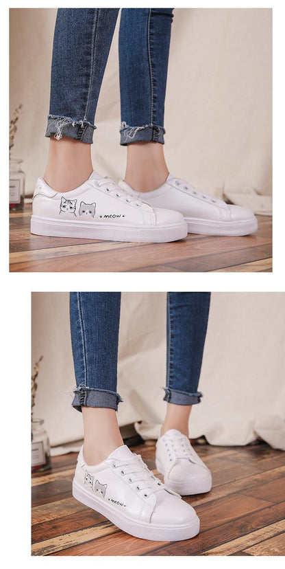 Stevvex women's white PU leather platform sneakers with cat graphic, lace-up walking shoes on Tampa Home & Garden Store