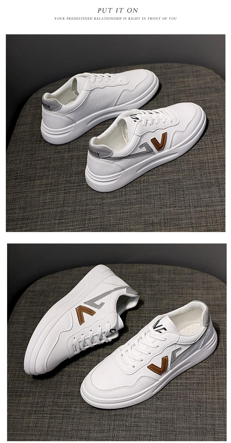 Stevvex white PU leather platform sneakers with V logos, lace-up casual walking shoes on Tampa Home & Garden Store