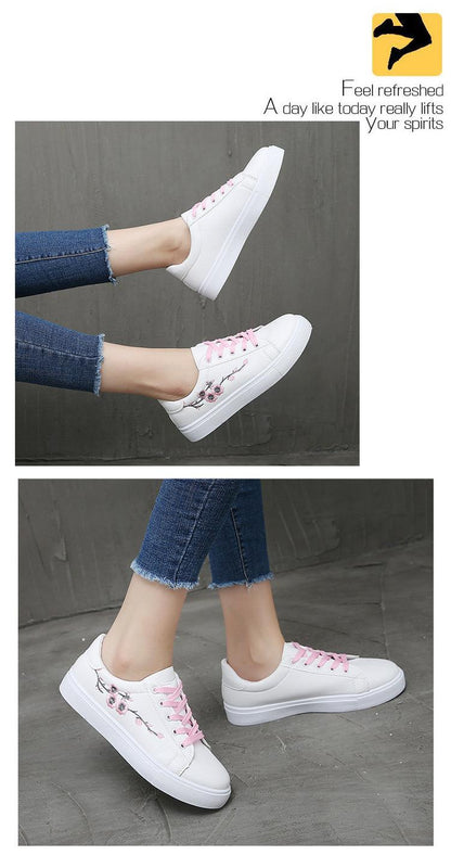 Stevvex white platform sneakers with pink laces and floral embroidery, PU leather pair on Tampa Home & Garden Store