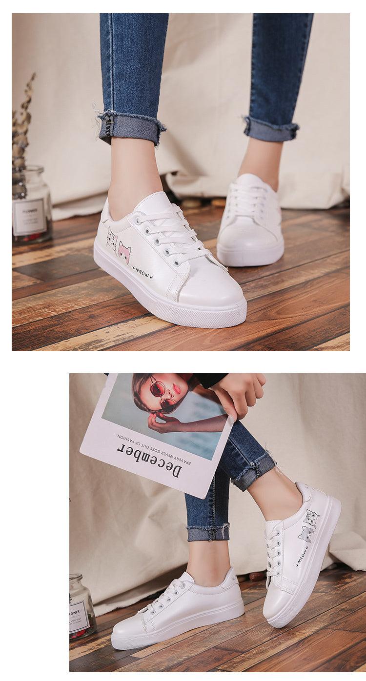 Stevvex white PU leather platform sneakers with lace-up closure and cat graphic on Tampa Home & Garden Store