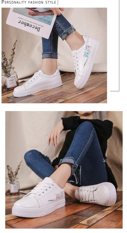 A pair of white PU leather platform sneakers for women with pastel cat graphics on the side on Tampa Home & Garden Store
White lace-up platform sneakers for women with cat graphics, shown with rolled denim jeans on Tampa Home & Garden Store