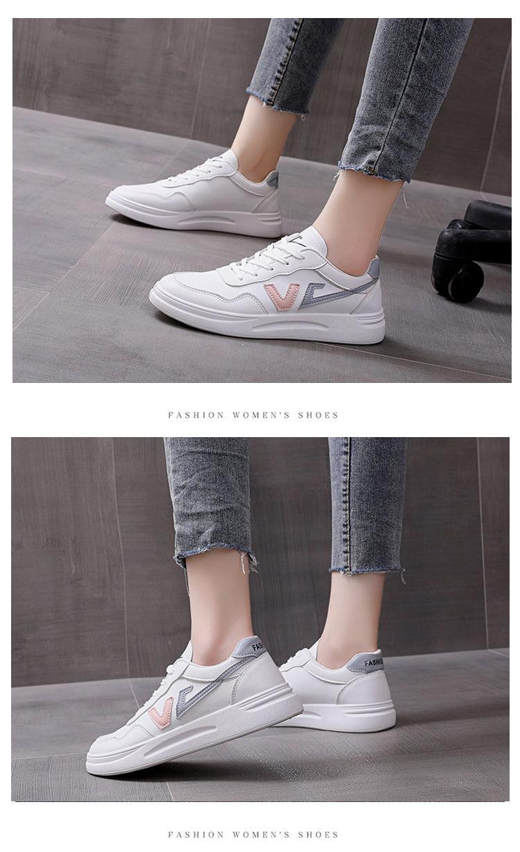 Stevvex women's white leather platform sneakers, lace-up casual walking shoes with pink and blue V accents on Tampa Home & Garden Store