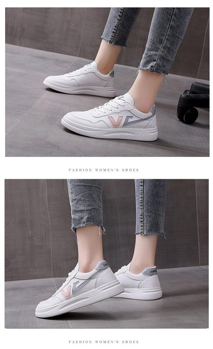 Stevvex women's white leather platform sneakers, lace-up casual walking shoes with pink and blue V accents on Tampa Home & Garden Store