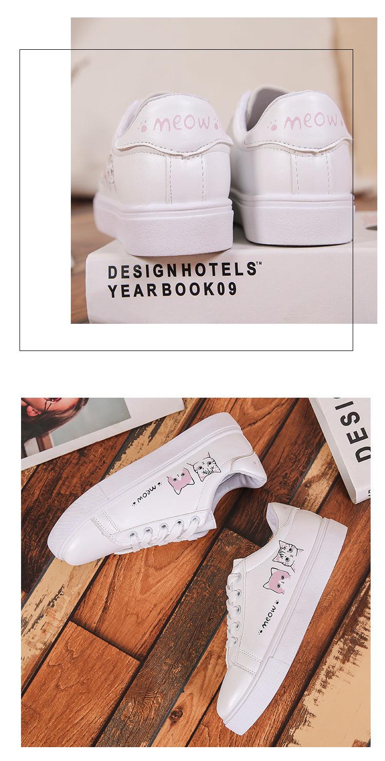 Stevvex white leather platform sneakers, lace-up, pink meow heel print, back view on Tampa Home & Garden Store
Stevvex white leather sneakers with pink cat graphics, lace-up casual walking shoes on Tampa Home & Garden Store