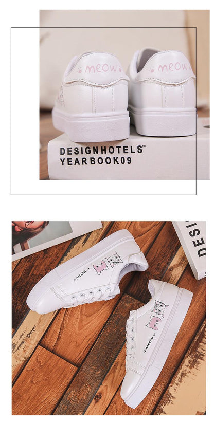 Stevvex white leather platform sneakers, lace-up, pink meow heel print, back view on Tampa Home & Garden Store
Stevvex white leather sneakers with pink cat graphics, lace-up casual walking shoes on Tampa Home & Garden Store