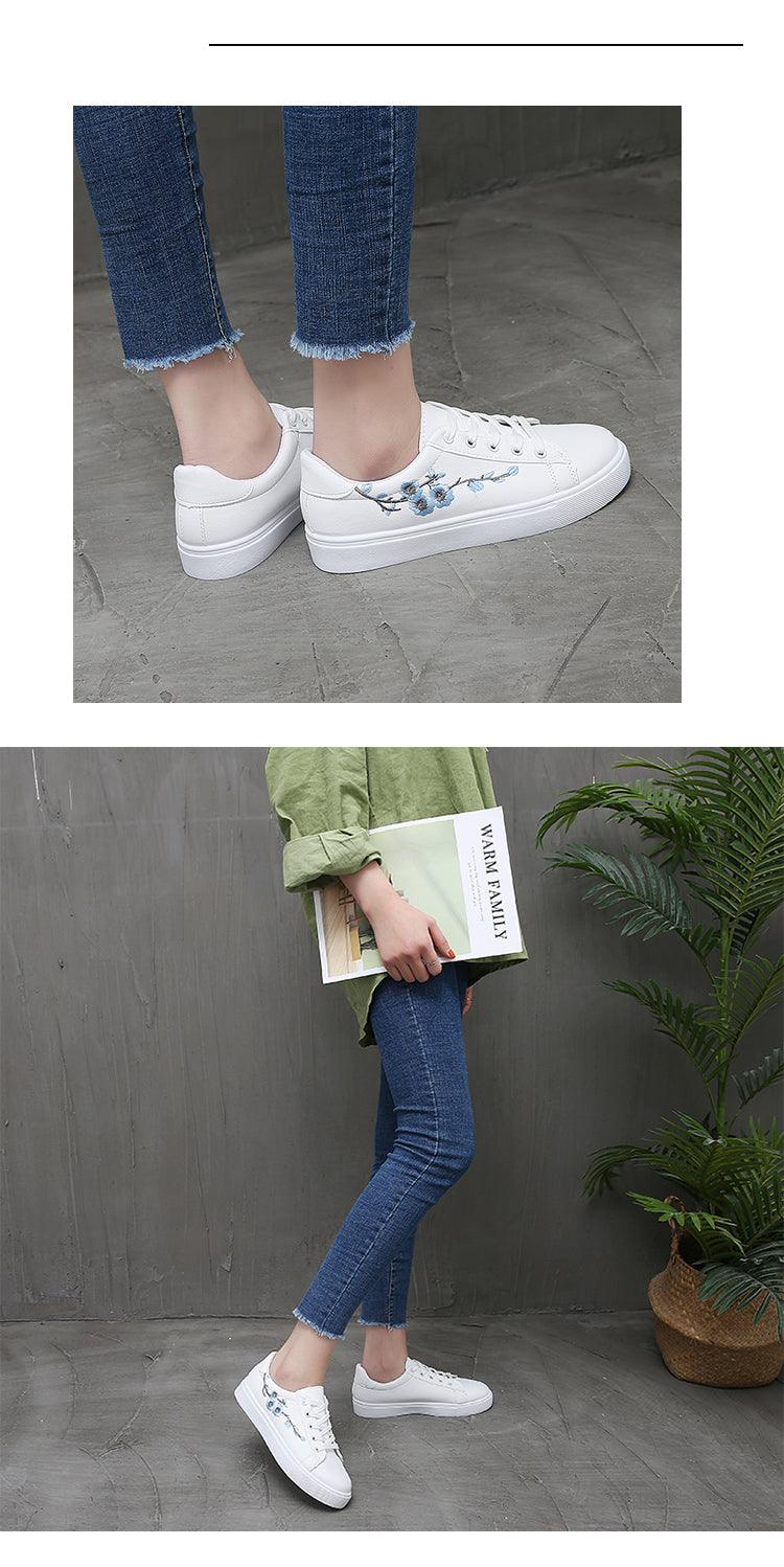 Stevvex white leather platform sneakers with blue floral embroidery, lace-up walking shoes on Tampa Home & Garden Store