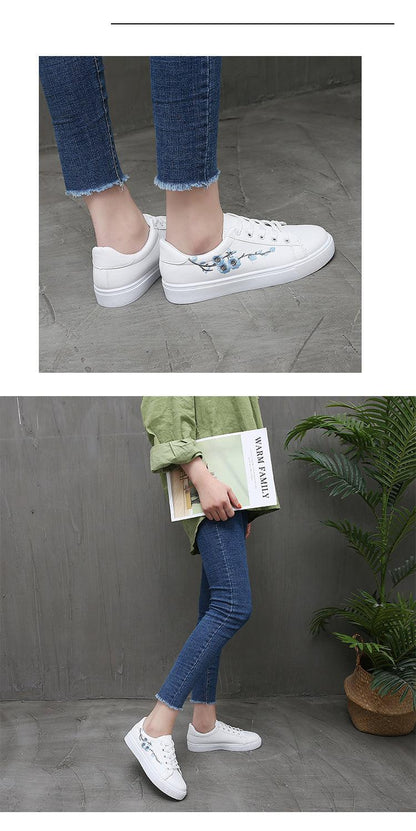Stevvex white leather platform sneakers with blue floral embroidery, lace-up walking shoes on Tampa Home & Garden Store