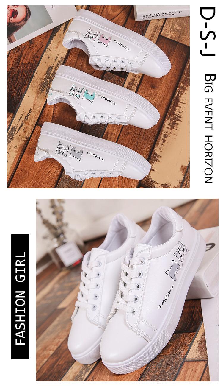 Sneakers Stevvex white PU leather platform, lace-up walking shoes with cat graphics 3-pairs on Tampa Home & Garden Store