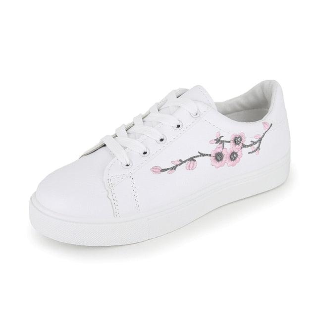 Sneakers Stevvex white leather platform with pink floral embroidery, lace-up walking shoes on Tampa Home & Garden Store