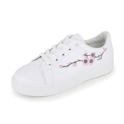Sneakers Stevvex white leather platform with pink floral embroidery, lace-up walking shoes on Tampa Home & Garden Store