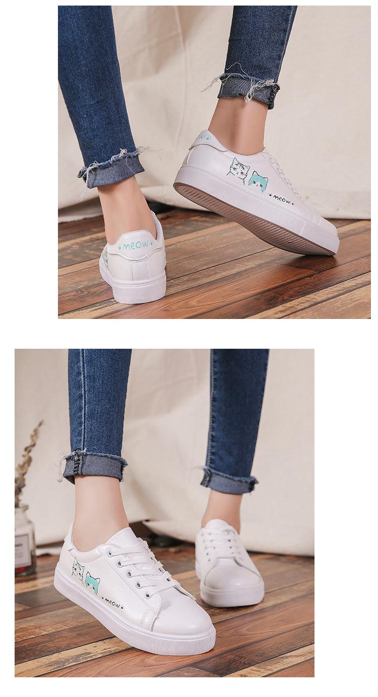 White Stevvex platform sneakers with cat graphics and meow text, lace-up on Tampa Home & Garden Store