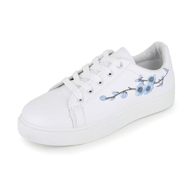 White Stevvex leather PU platform sneaker with blue floral embroidery, laceup walking shoe on Tampa Home & Garden Store