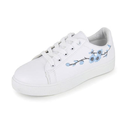 White Stevvex leather PU platform sneaker with blue floral embroidery, laceup walking shoe on Tampa Home & Garden Store