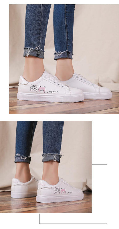 White leather platform sneakers by Stevvex with cat graphics on the side on Tampa Home & Garden Store
White PU leather sneakers by Stevvex with cute cat prints, lace-up casual walking shoes on Tampa Home & Garden Store
