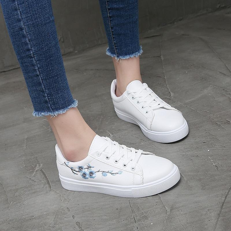 White leather platform sneakers with blue embroidery, lace-up casual shoes by Stevvex on Tampa Home & Garden Store