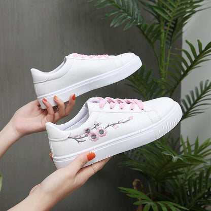 Stevvex white leather platform sneakers with pink laces and floral embroidery on Tampa Home & Garden Store